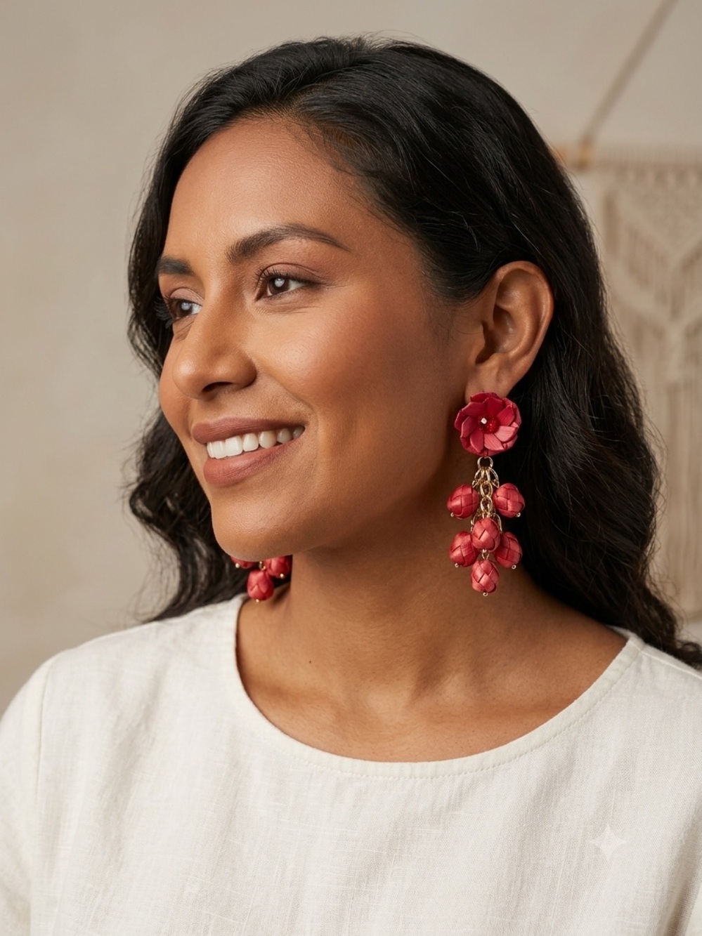 Red Floral Drop Earrings - Elegant Statement Jewelry made with palm